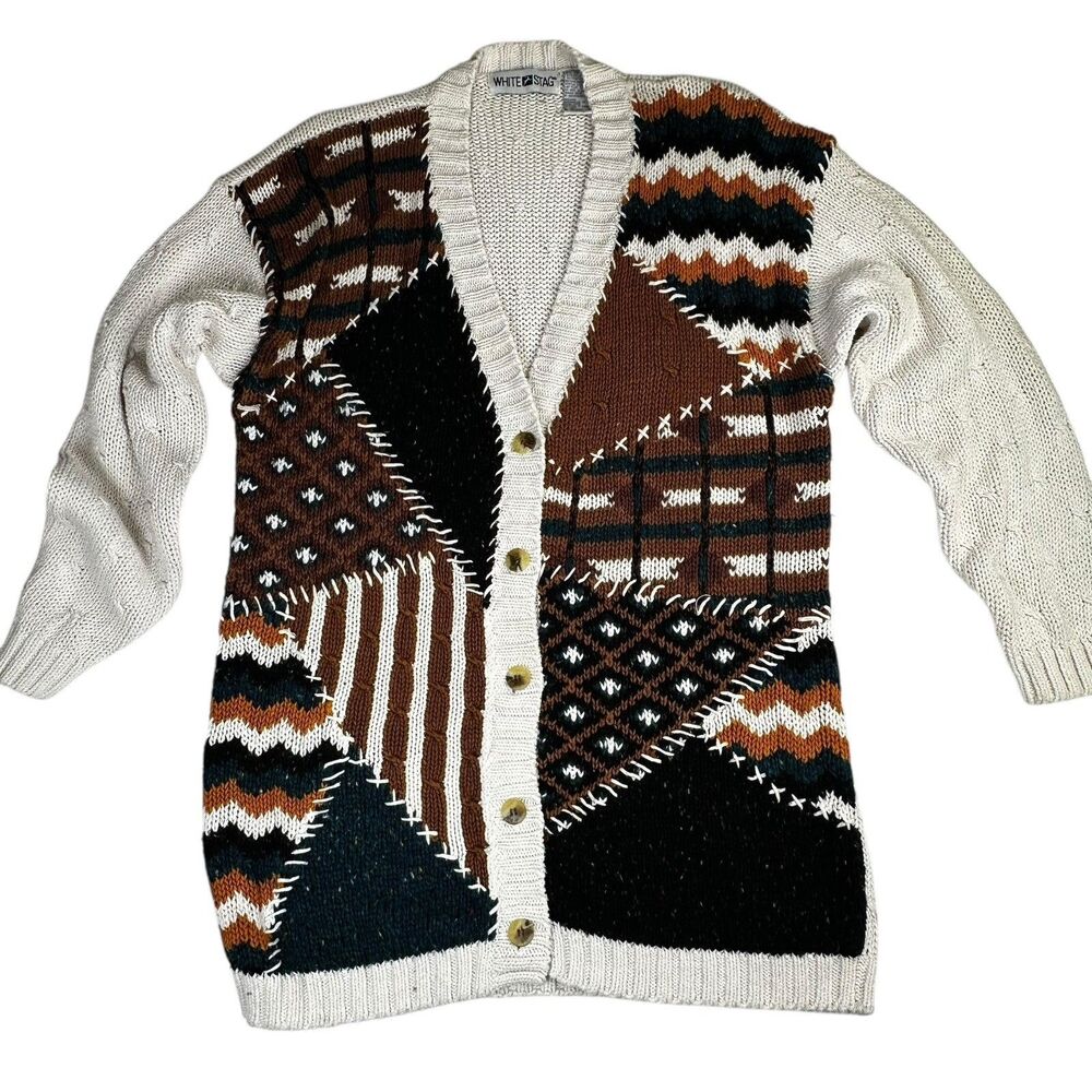White Stag Patchwork Cardigan Sweater Boho Geometric‎ Button Front Cream